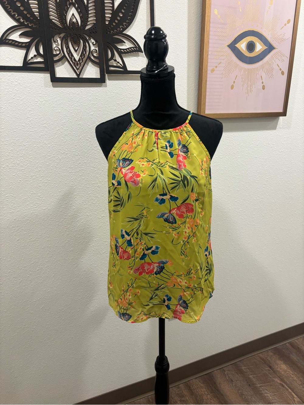 New York & Company Lime Green Floral Halter Top